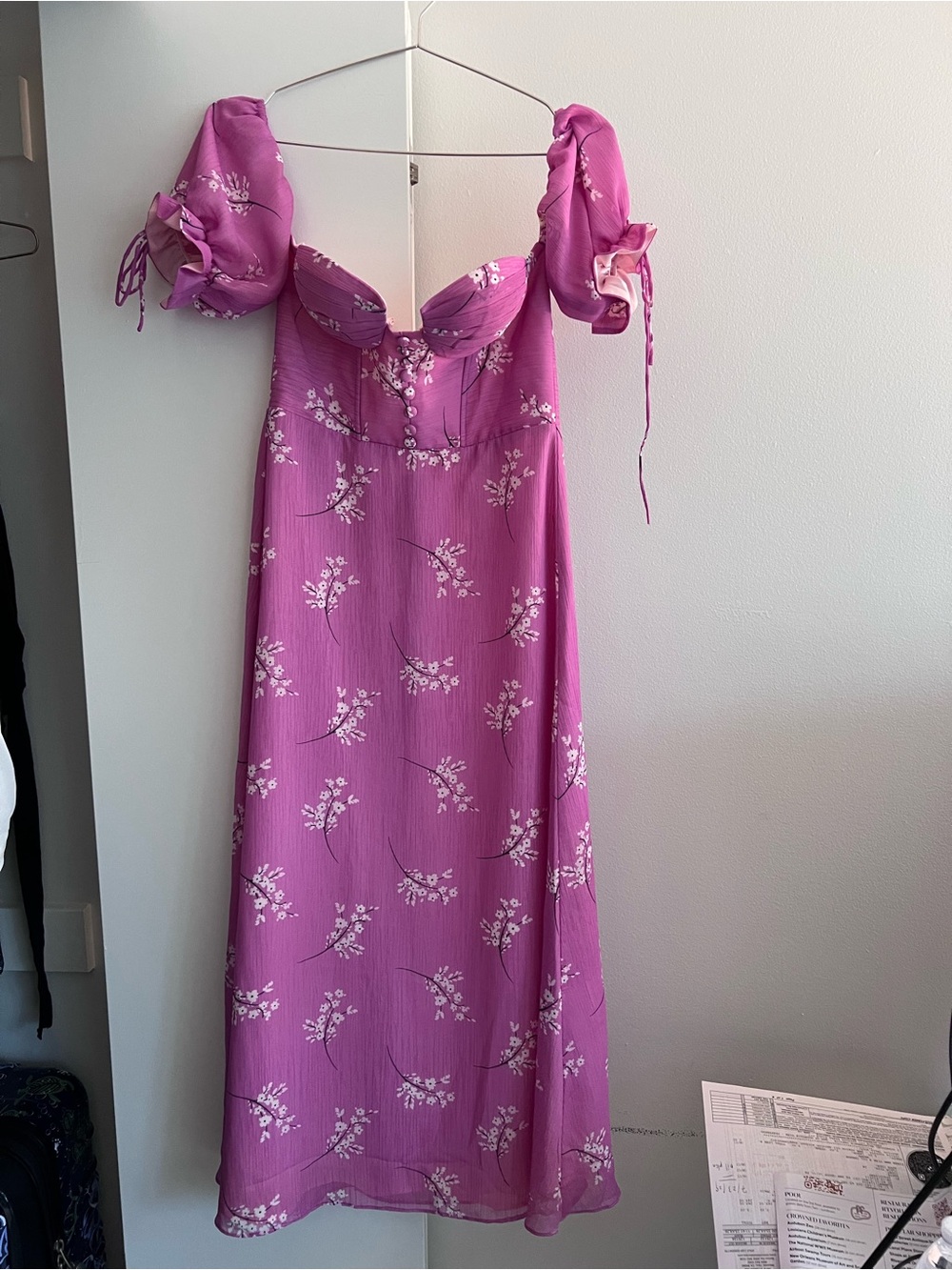 Floral Puff-Sleeve Slip Dress - Magenta Pink